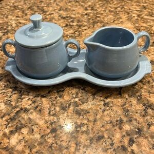 Fiesta light blue creamer & sugar set with tray